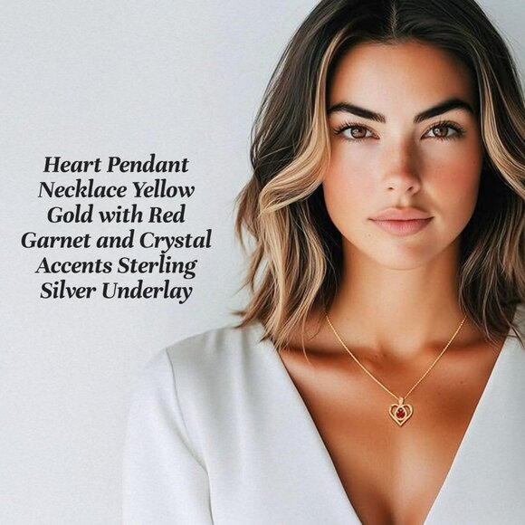 Yellow Gold Heart Pendant Necklace with Red Garnet and Crystals for Women - Picture 2 of 8